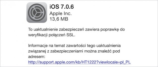 Apple udostępnia iOS 7.0.6 z poprawką połączeń SSL