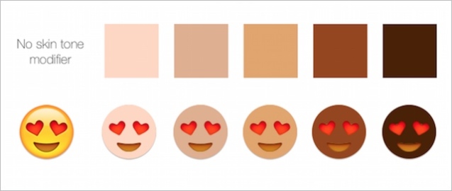 Od połowy 2015 roku emotikony mogą zostać rozszerzone o opcję wyboru koloru skóry