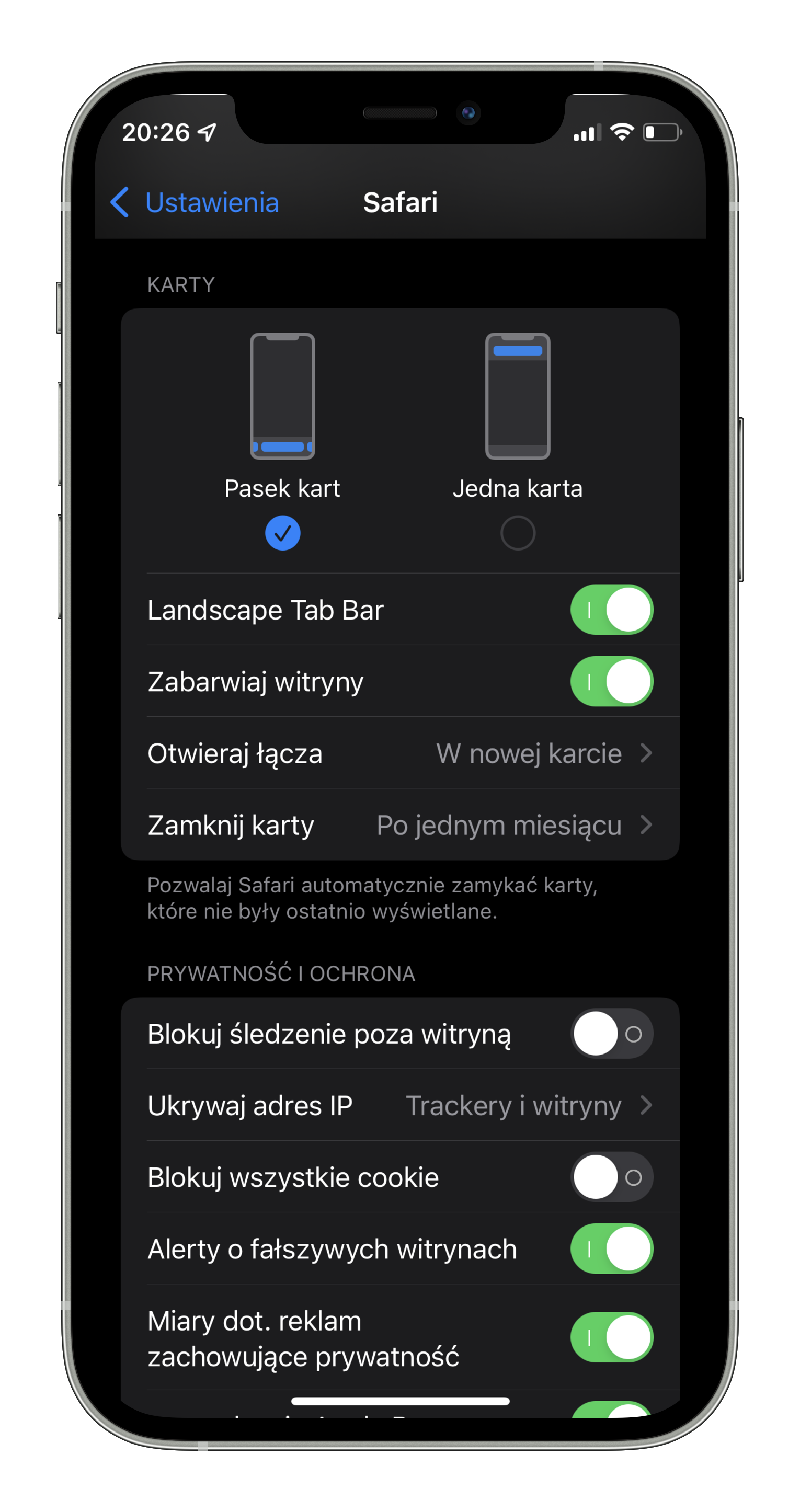 ustawienia Safari iOS 15